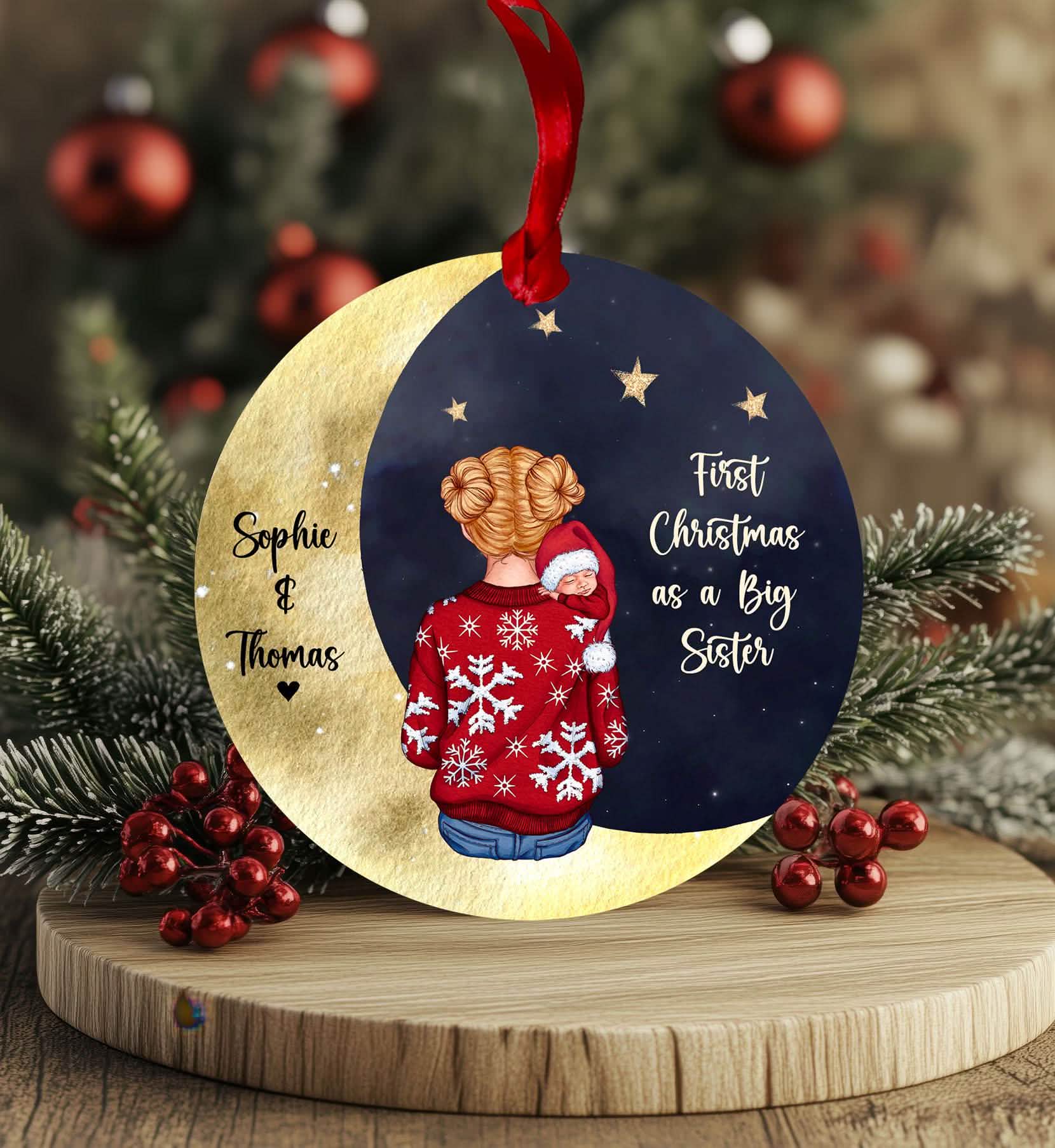 First christmas as a big sister bauble, sister and newborn baby, gift for daughter, granddaughter, personalised portrait print moon and stars, xmas ornament hanging tree ball balls