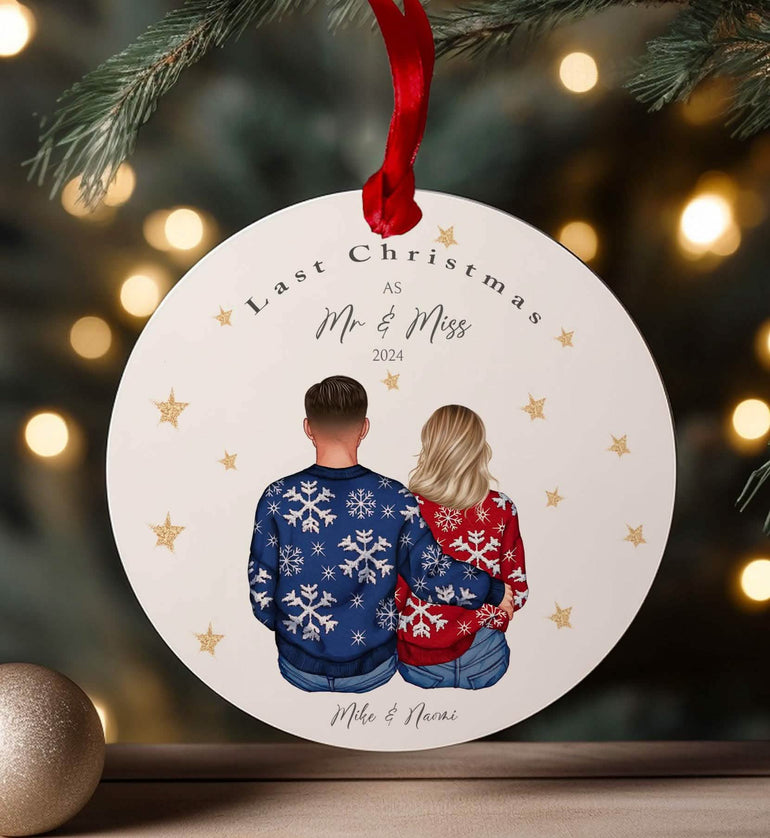 Last Christmas as Mr and Miss Bauble, Engagement Bauble personalised backview people drawing with dog, cat, Xmas decoration, 1st christmas engaged, soon to be mrs, custom first house handmade uk