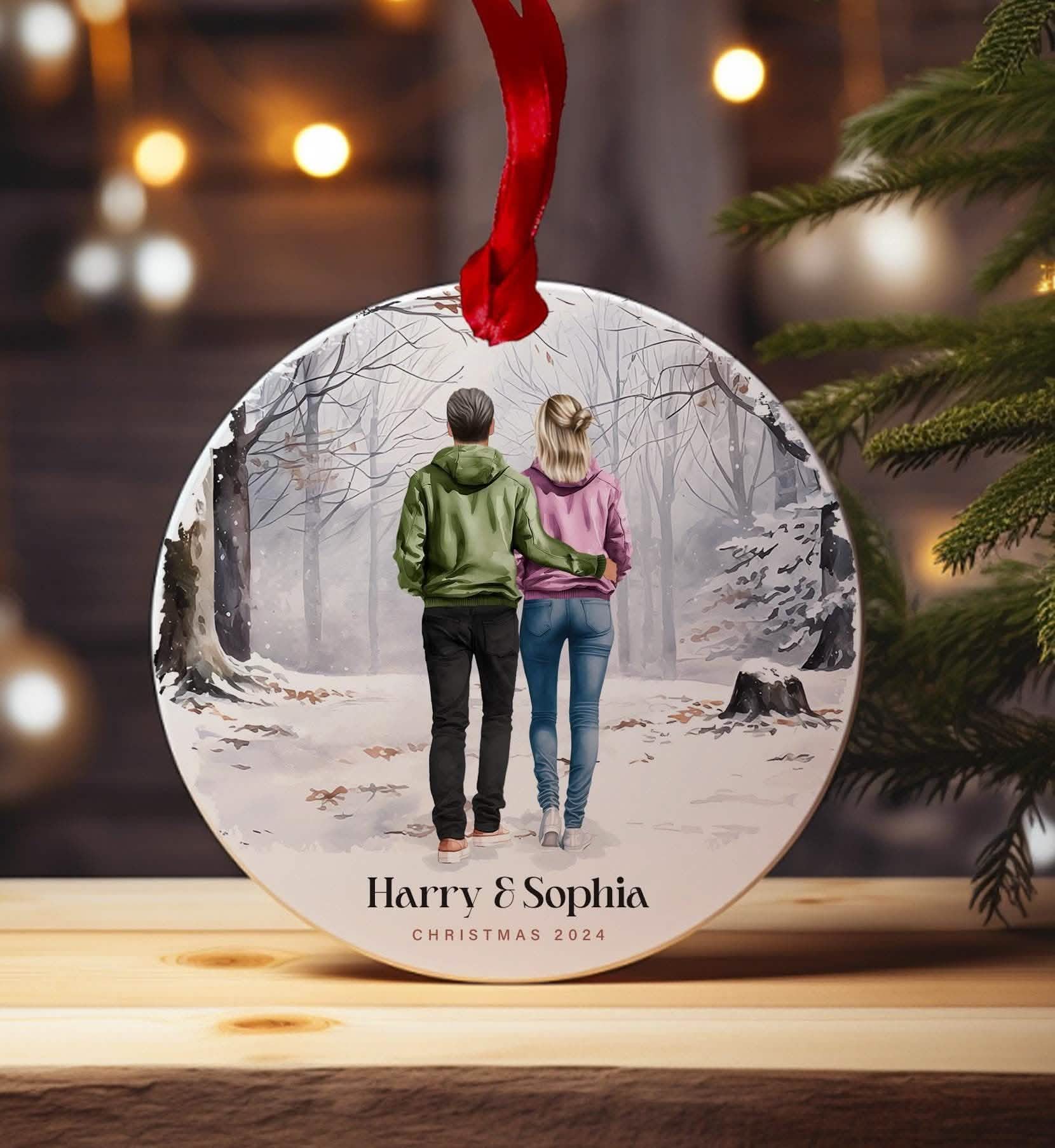 Couple Christmas Bauble, 1st Xmas together, personalised tree ornament, winter scene man and women print, custom portrait print, couples and pet,year i found my missing piece newly wed dating girlfriend boyfriend