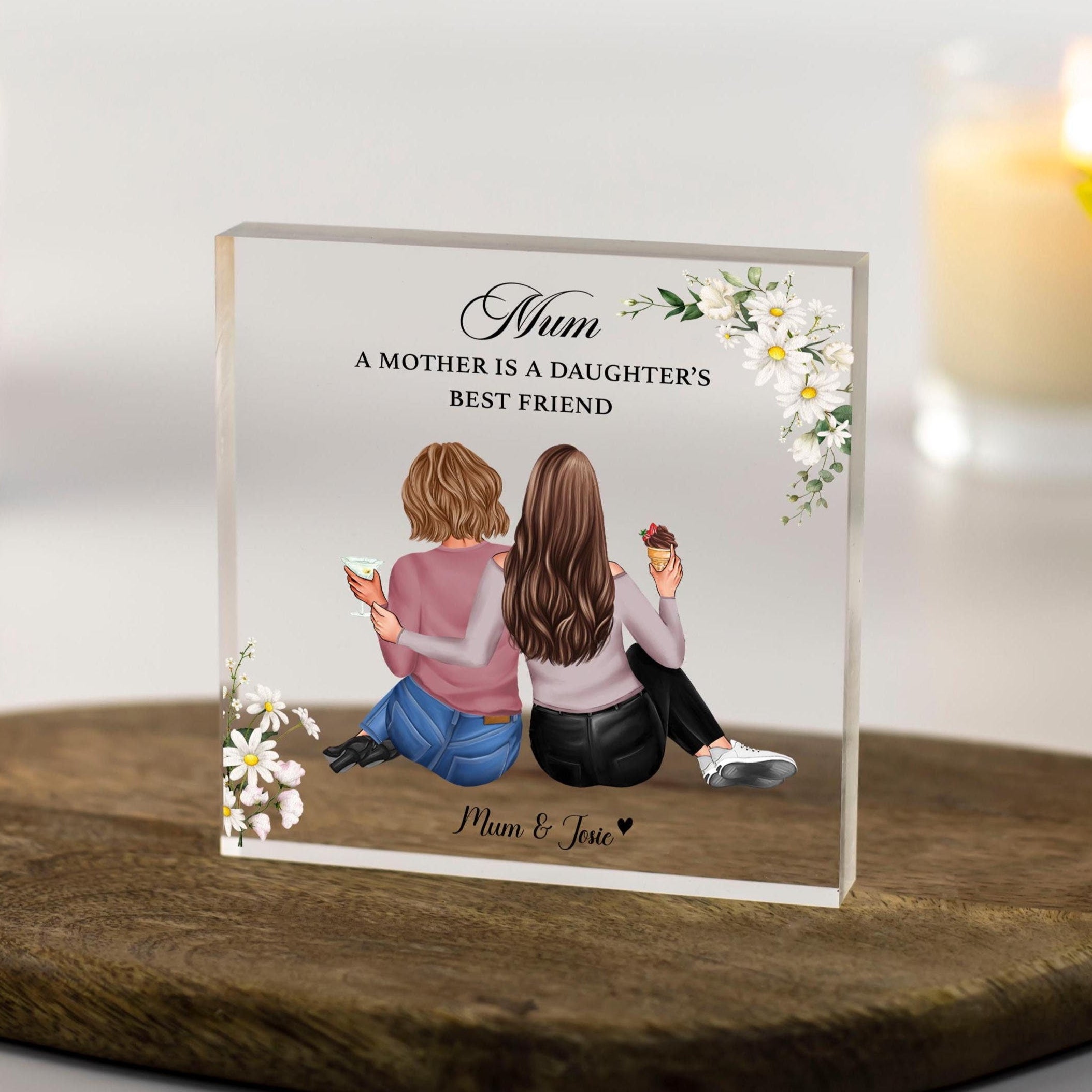 Custom Mum Gifts, Personalised Illustration art of mother and daughter sentimental presents best friends drawing back view daisy floral for mother's day gifts, Christmas , birthdays unique keepsake to cherish forever ideal for dressing table