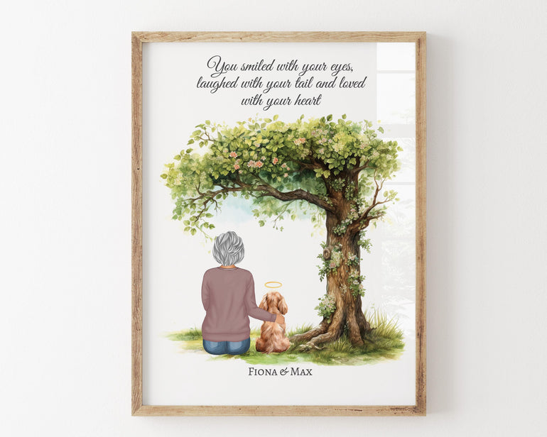 Female and pet portrait memorial print, gift for mum,best friend sister grandma Cat loss, dog death rabbit personalised print decor remembrance keepsake