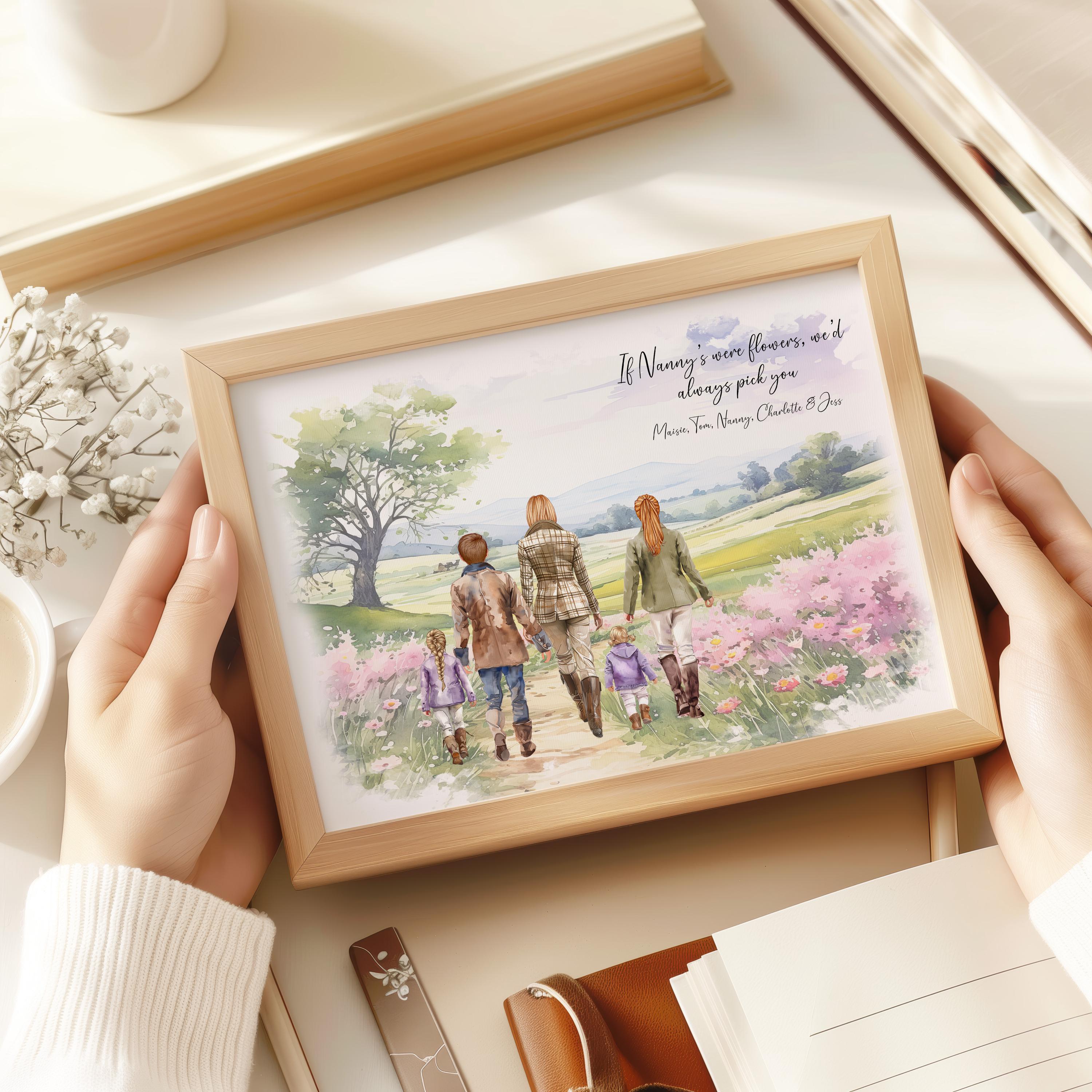 Nana Gift, Nanny gift from granddaughter grandson grandchildren for Mothers day, Nanny's birthday, 50th 60th 70th Walking family portrait flower wall art unique meaningful gifts to treasure, customise clothing skintone and hair country walking