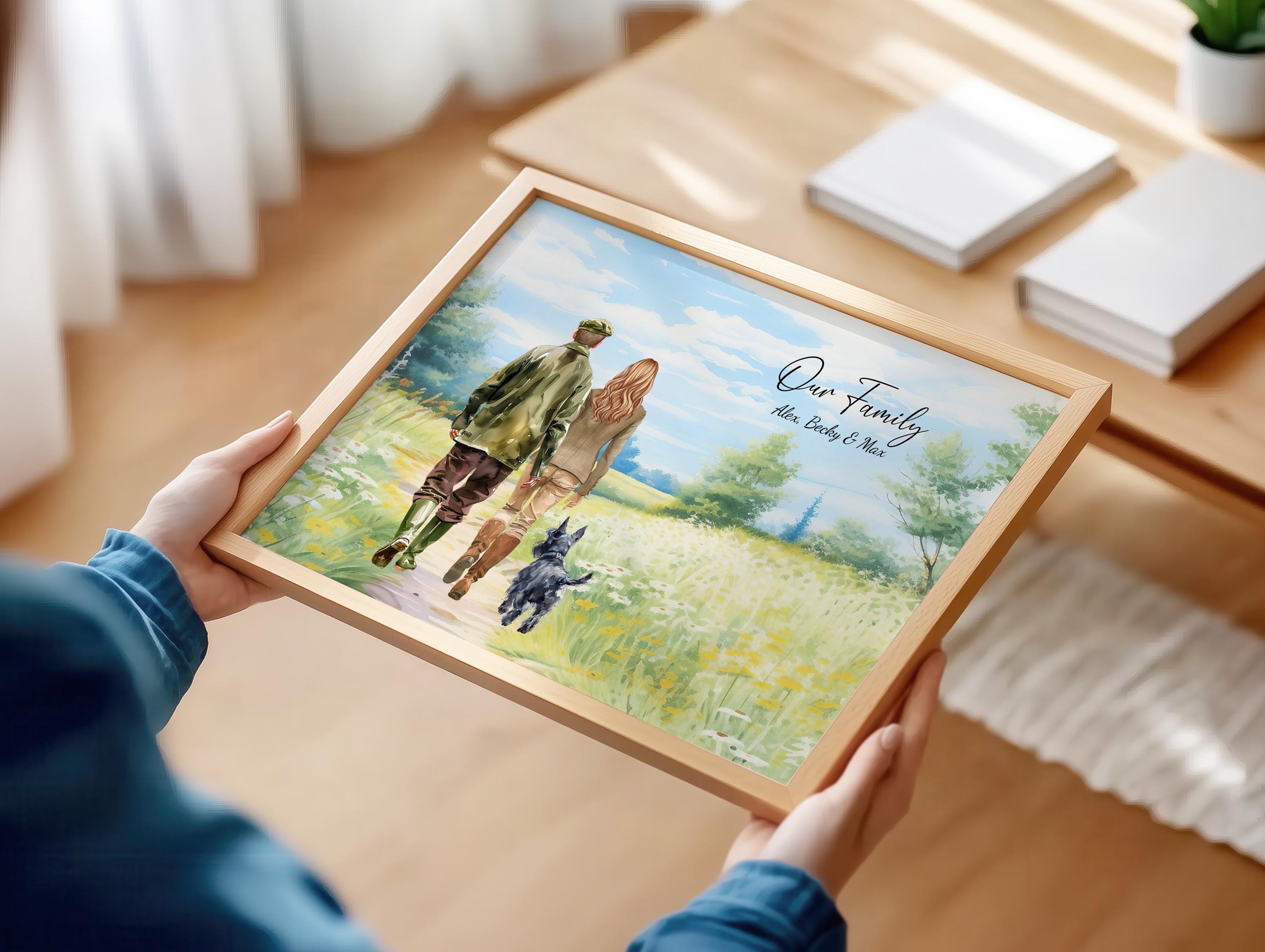 Country walking couple and dog portrait print, mom, mum, mothers day day, fathers day gift from dog, custom wall art watercolour spring, birthday christmas presents picture new home man women illustration
