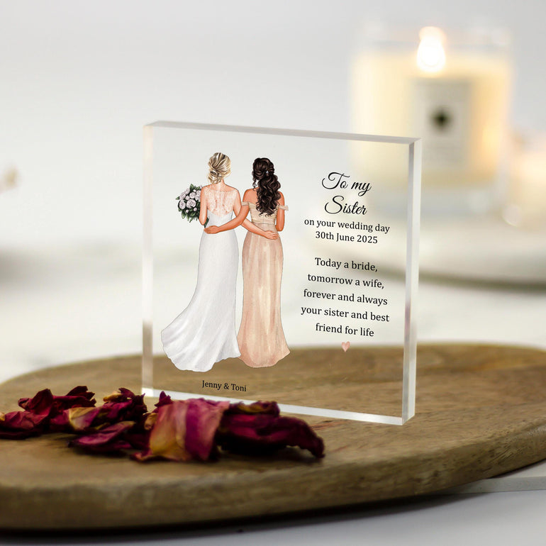 Gift for Sister on her wedding day personalised drawing illustration portrait in wedding dress, hugging bride and bridesmaid, sisters, bridal shower, personalised print acrylic block pretty unique