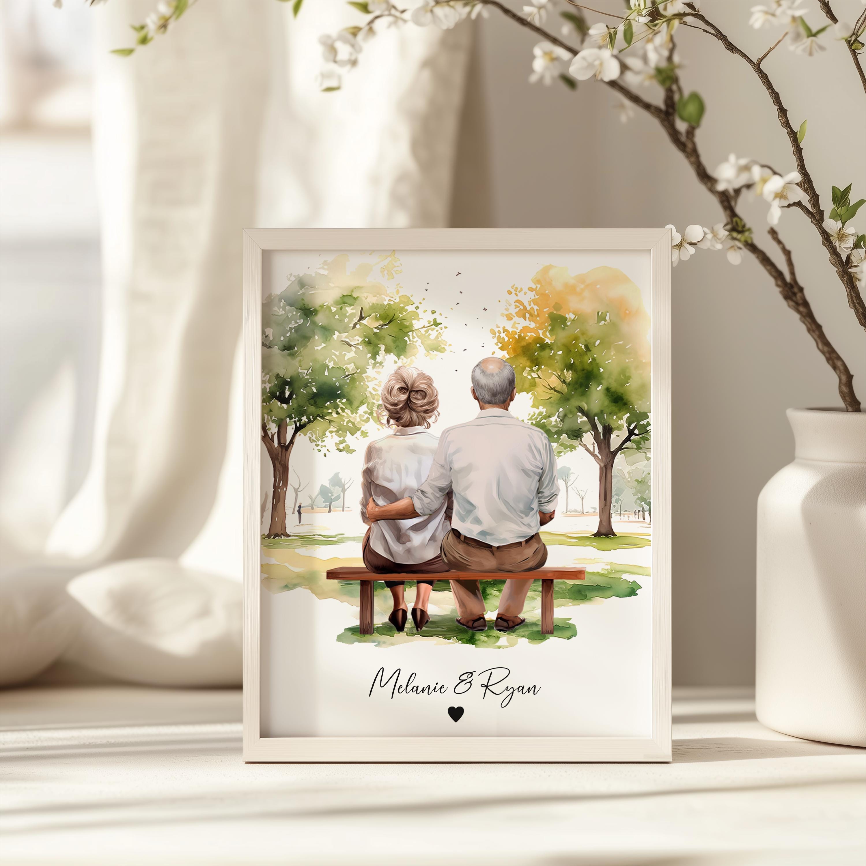 elderly couple portrait print, nanny and grandpa, special anniversary watercolour artwork, couple sitting on bench parents custom present mothers day fathers day memorial keepsake nan in heaven