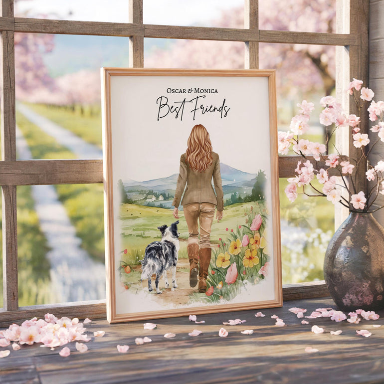 Girl and Dog portrait print, Country walks female Gift from dog, Mom Gift, Mum gifts, Best friends, new home, pet portrait print, personalised prints poster, home decor dog lover faceless portrait male and dog