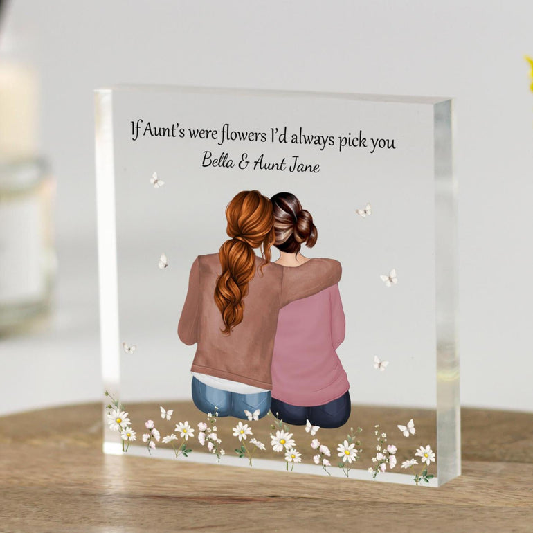 Gift for Aunt from niece, auntie gifts, for niece, mothers day gifts, best friends, christmas, birthday, personalised print portrait flowers acrylic keepsake block