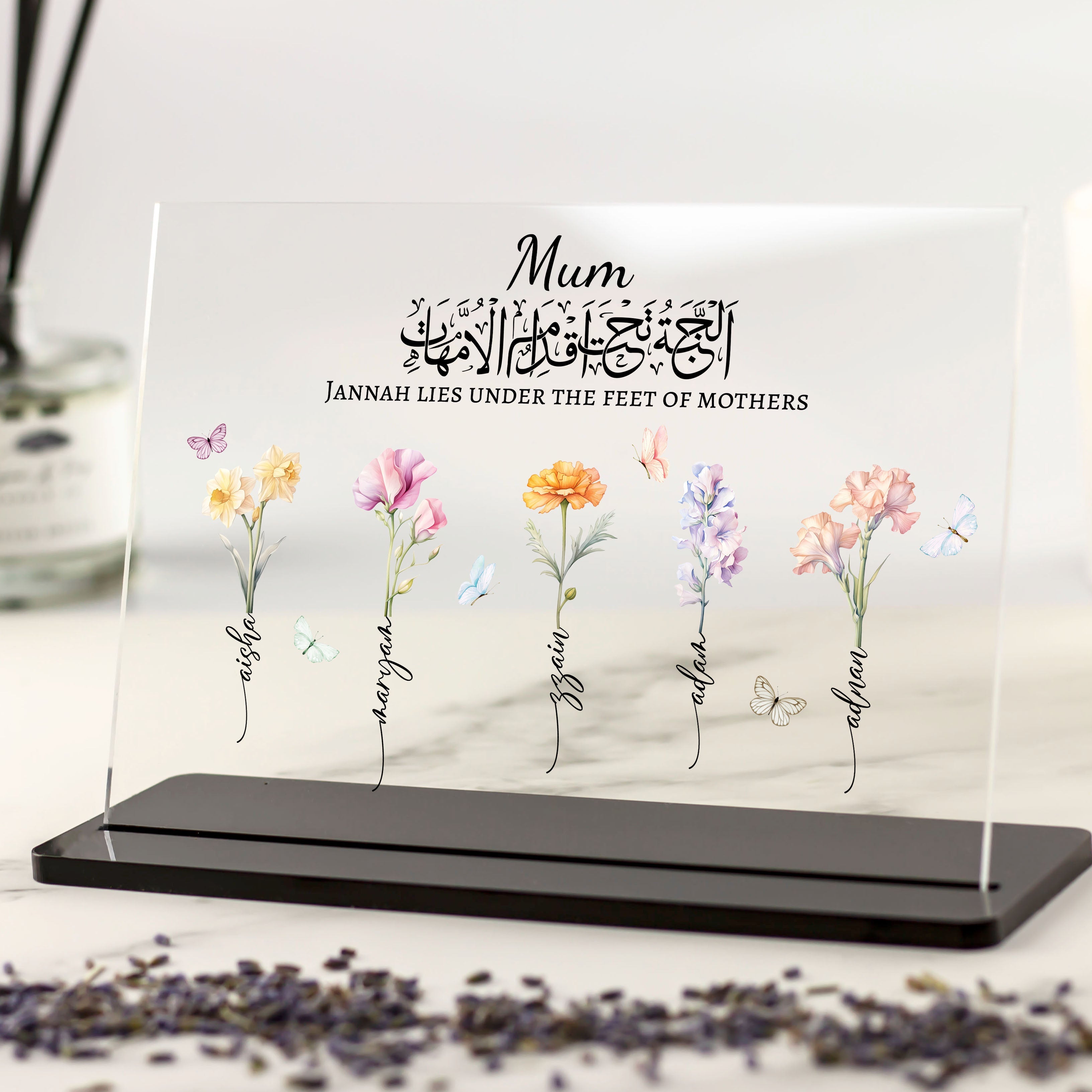 Islamic decor Personalised Gift for Mum Birth Flowers plaque from children daughter sons with arabic verse Jannah lies under the feet of mothers acrylic plaque