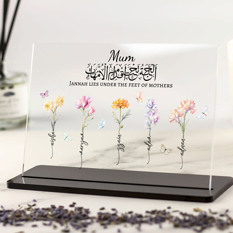 Islamic decor Personalised Gift for Mum Birth Flowers plaque from children daughter sons with arabic verse Jannah lies under the feet of mothers acrylic plaque