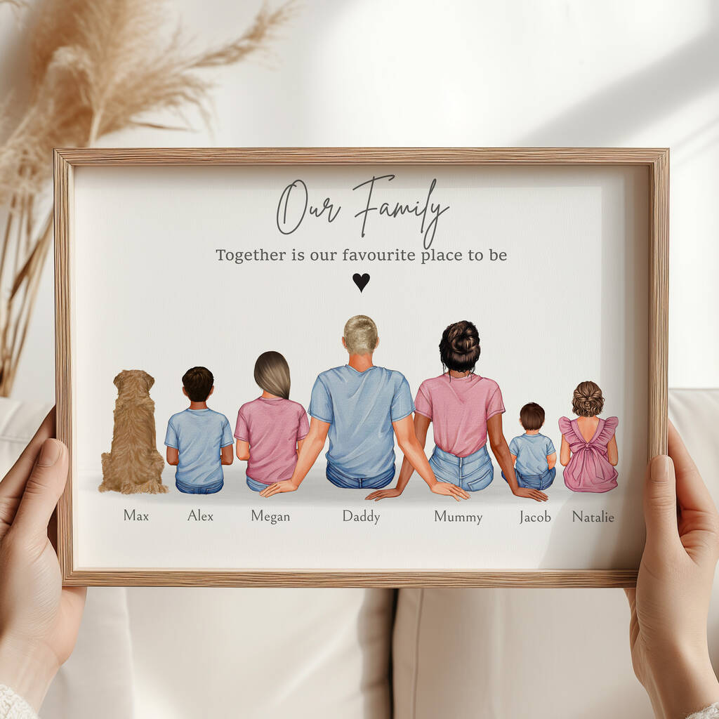 Personalised family print with children and pets wall art