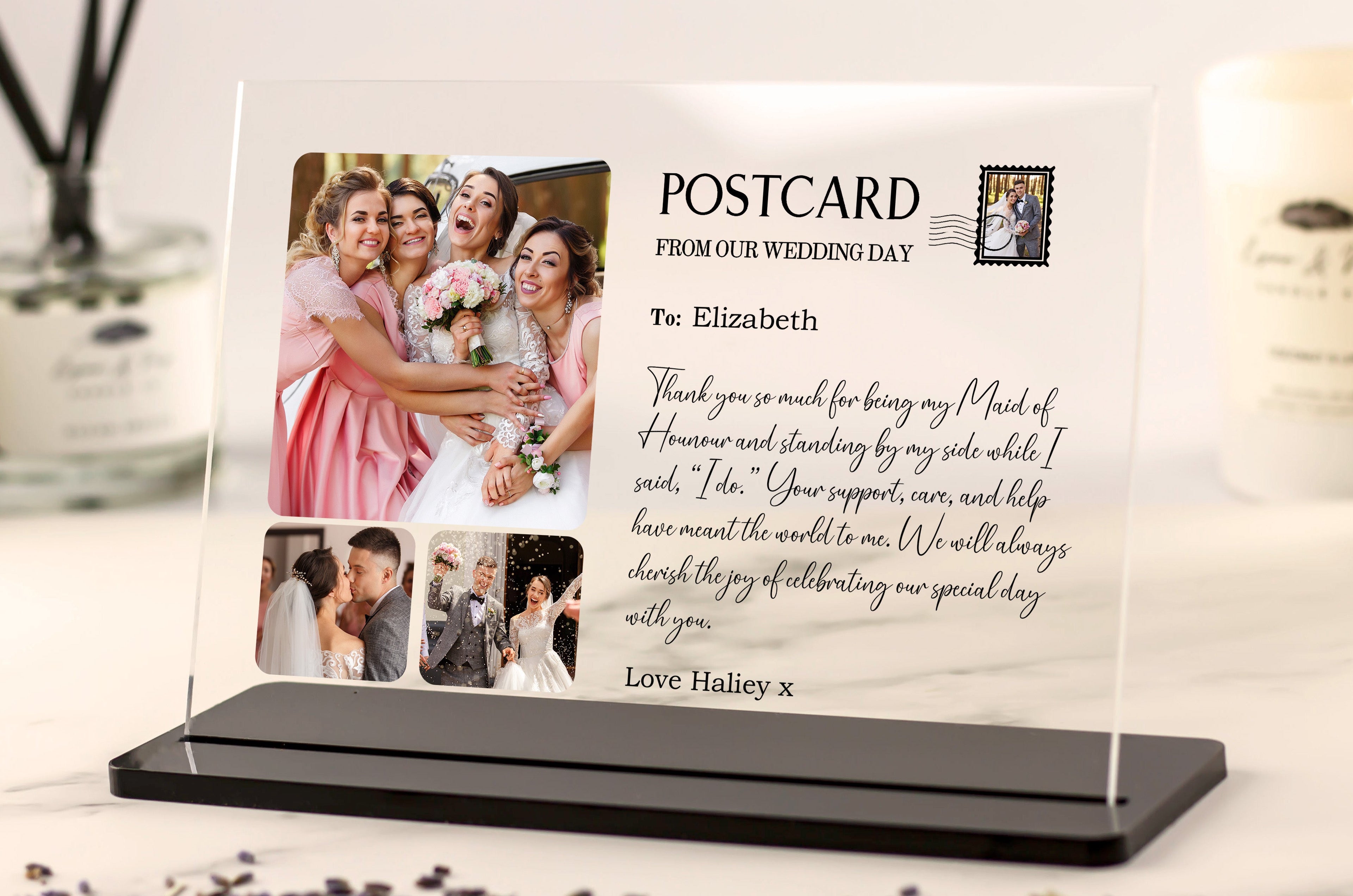 Personalised Postcard from Our Wedding Day acrylic plaque bridesmaid gift