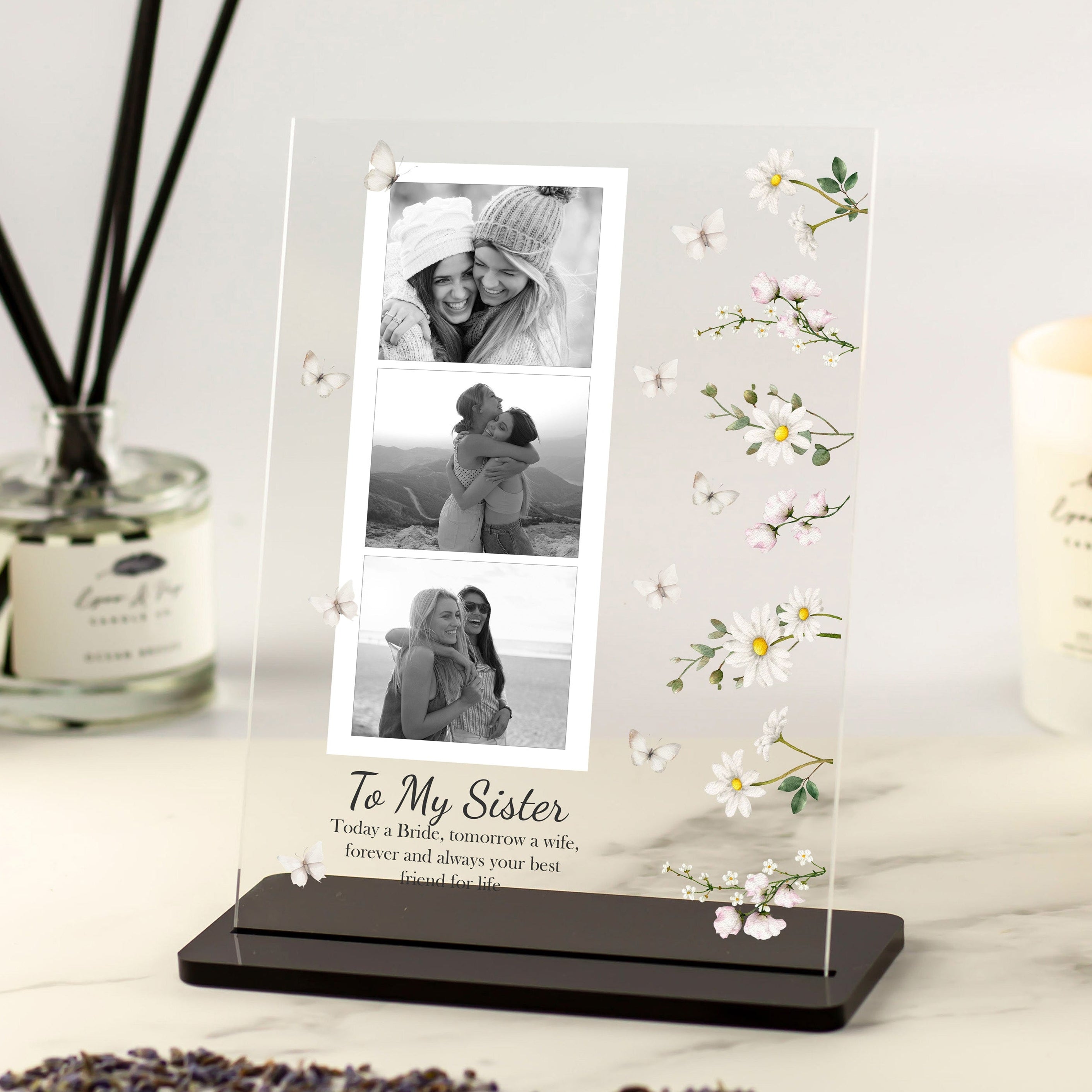 to my sister personalised gift on wedding day photo acrylic plaque with daisy and butterfly design to my best friend gift Custom photo gifts for bride today a bride tomorrow a wife forever and always your best friend for life
