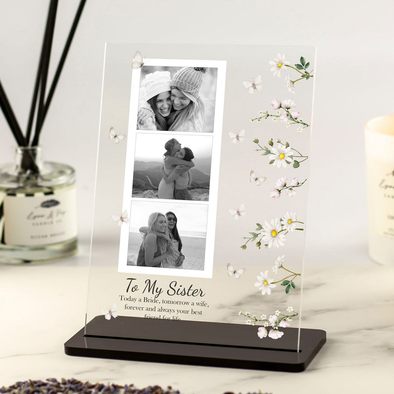 to my sister personalised gift on wedding day photo acrylic plaque with daisy and butterfly design to my best friend gift Custom photo gifts for bride today a bride tomorrow a wife forever and always your best friend for life