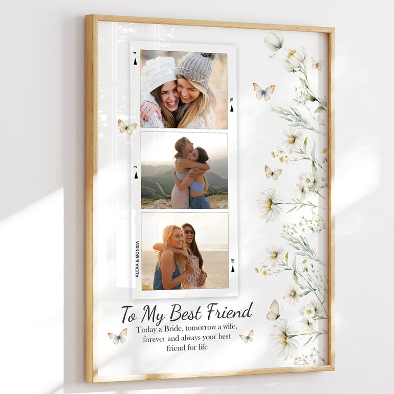 To my best friend on your wedding day personalised photo keepsake polaroid style print, unique special affordable gift. Upload own photos. Today a bride, tomorrow a wife, forever and always your best friend for life