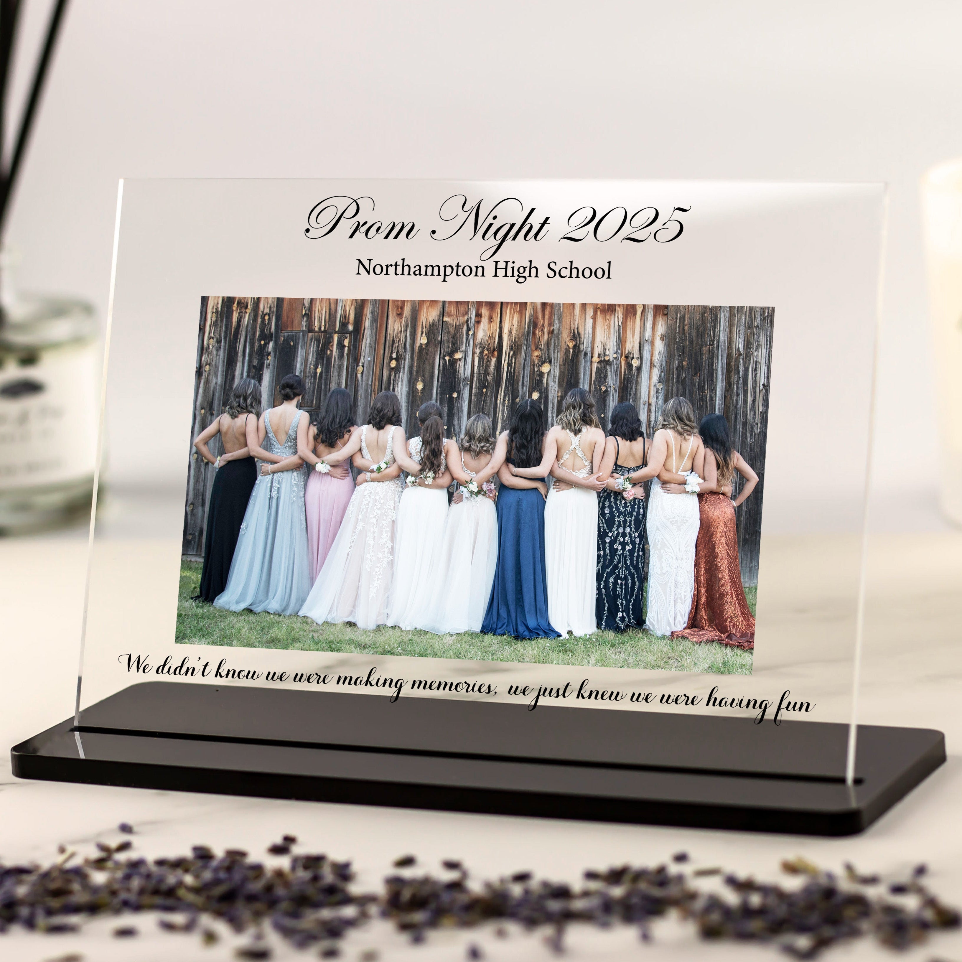 Personalised prom night acrylic plaque with group photo and school details.