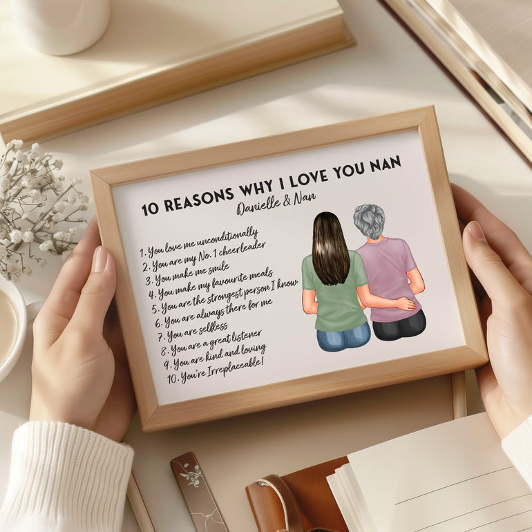 personalised reasons that i love you nan wall art print ideal for mothers day, nanny birthday, christmas presents for nans, love you from granddaughter. custom drawing from back view sitting down illustration to look like you and gran