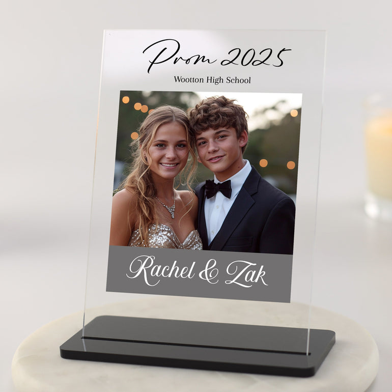 Personalised portrait prom couple acrylic plaque with names, school, and prom year.