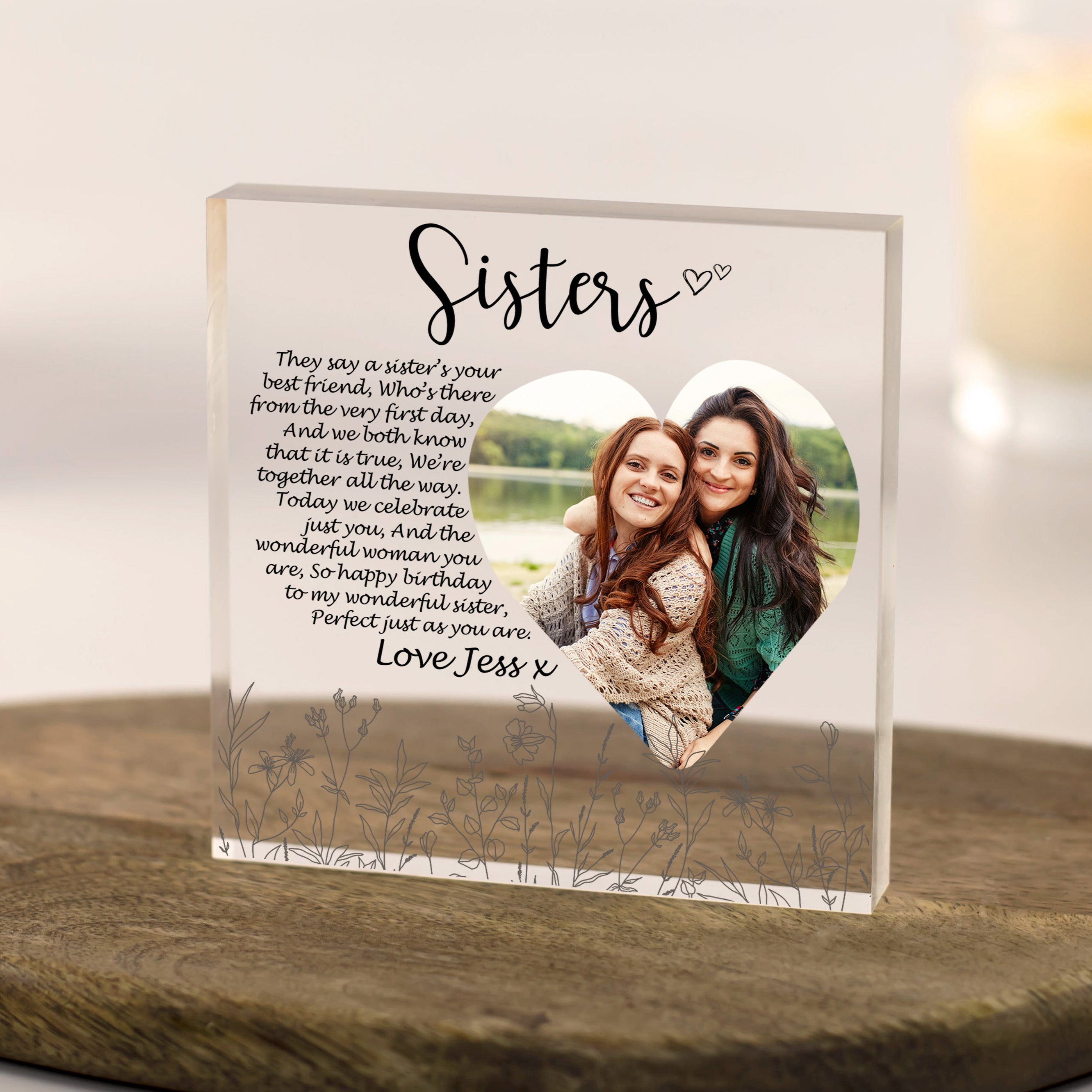 Personalised acrylic sister birthday photo block with poem