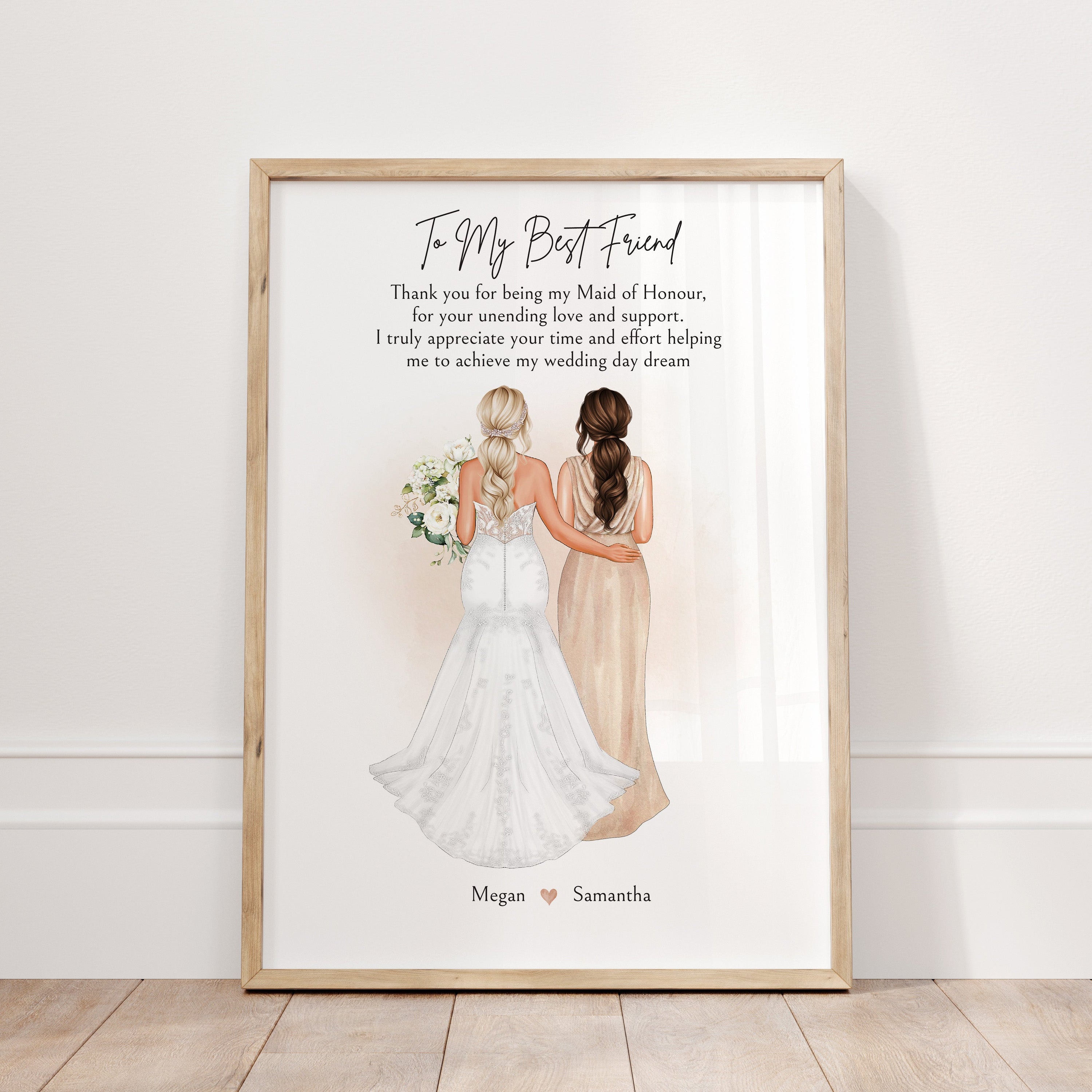 custom maid of honour and bride illustration with personalised hairstyles, dresses, and names – thank you print from bride to best friend.