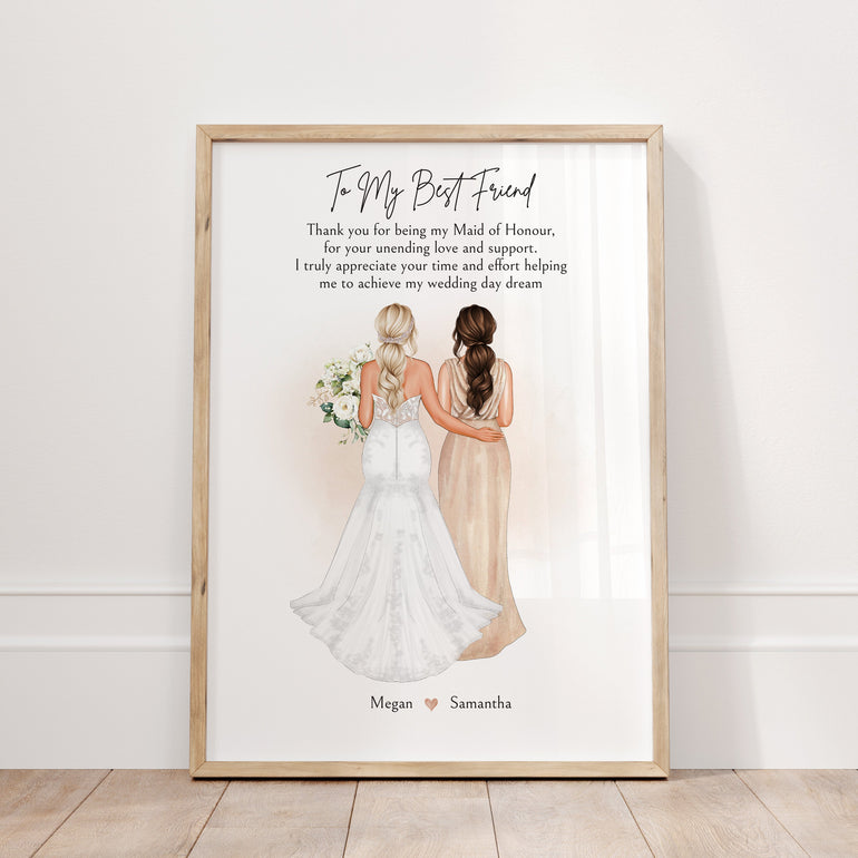custom maid of honour and bride illustration with personalised hairstyles, dresses, and names – thank you print from bride to best friend.