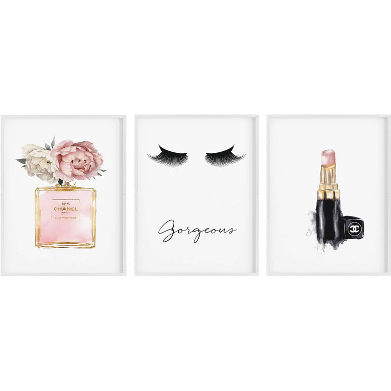 Fashion Prints, Fashion Wall Art, Set of 3, Blush Pink Floral Peonies Perfume, Lipstick and Eyelashes-Papier Art Designs