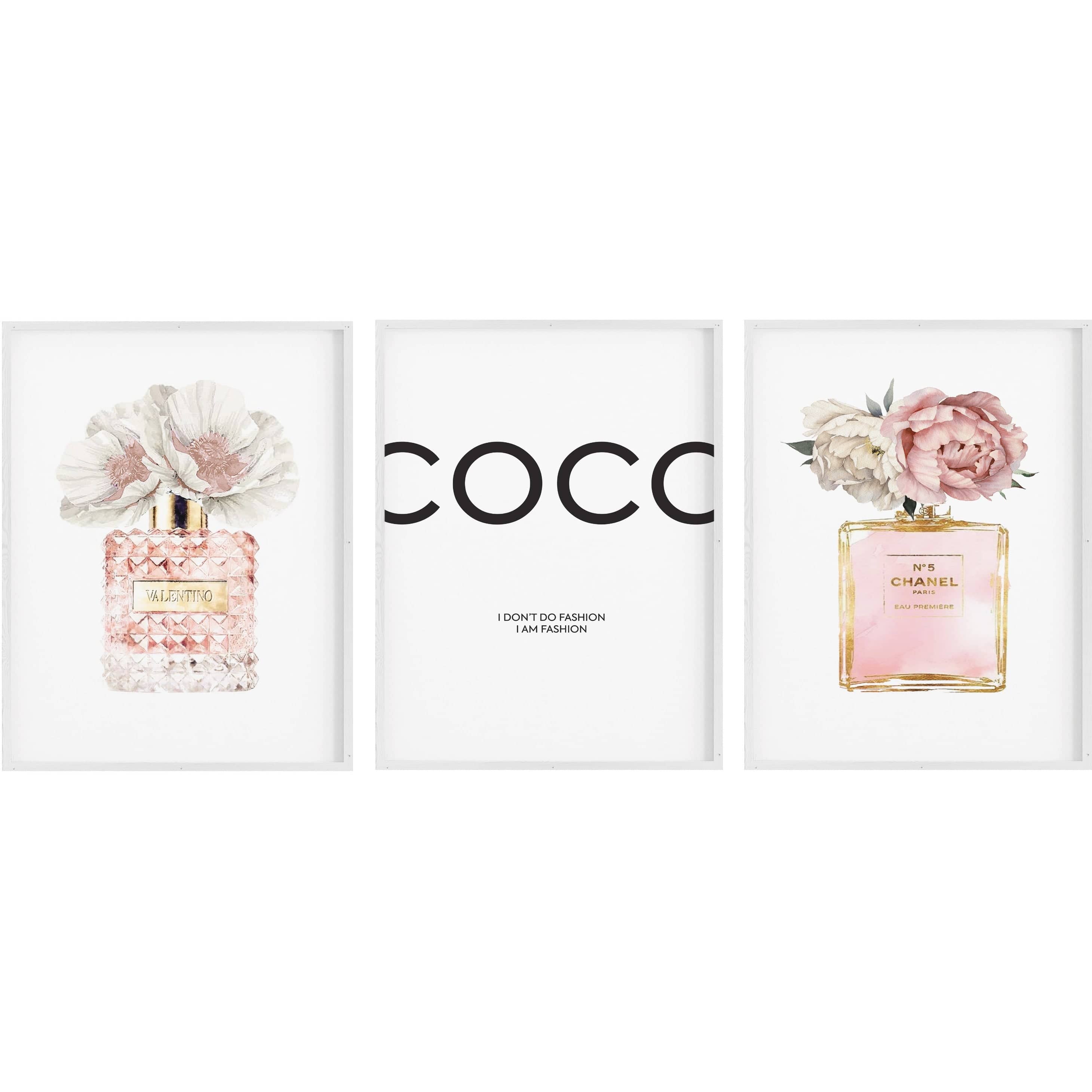 Fashion Prints, Fashion Wall Art, Set of 3, Blush Pink Floral Perfume and Coco-Papier Art Designs