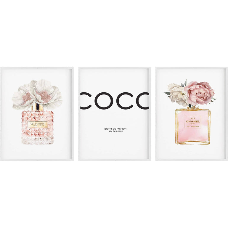 Fashion Prints, Fashion Wall Art, Set of 3, Blush Pink Floral Perfume and Coco-Papier Art Designs