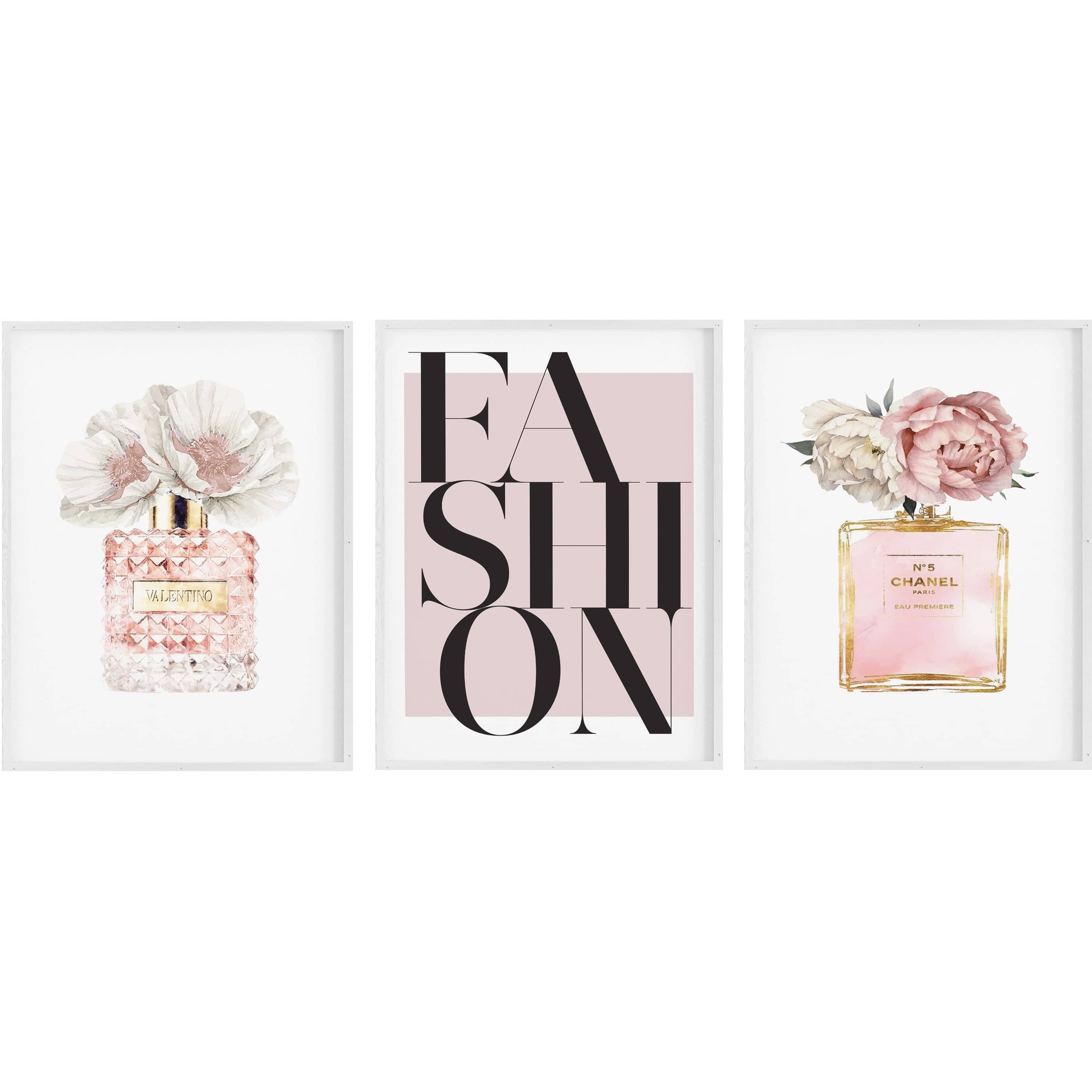 Fashion Prints, Fashion Wall Art, Set of 3, Blush Pink Floral Perfume and FASHION-Papier Art Designs