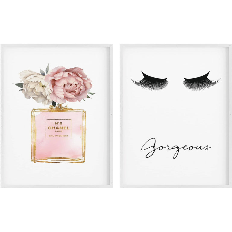 Copy of Fashion Prints, Fashion Wall Art, Set of 2, Blush Pink Floral Peony Perfume and Eyelashes-Papier Art Designs