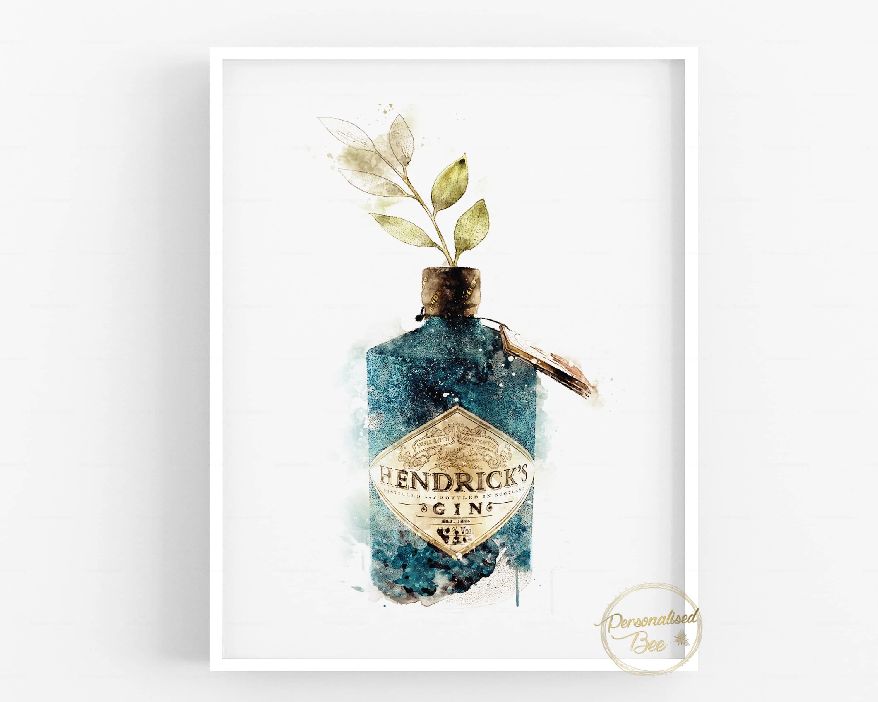 Botanical Blue Glitter Hendricks Gin Wall Art - Watercolour Print.
