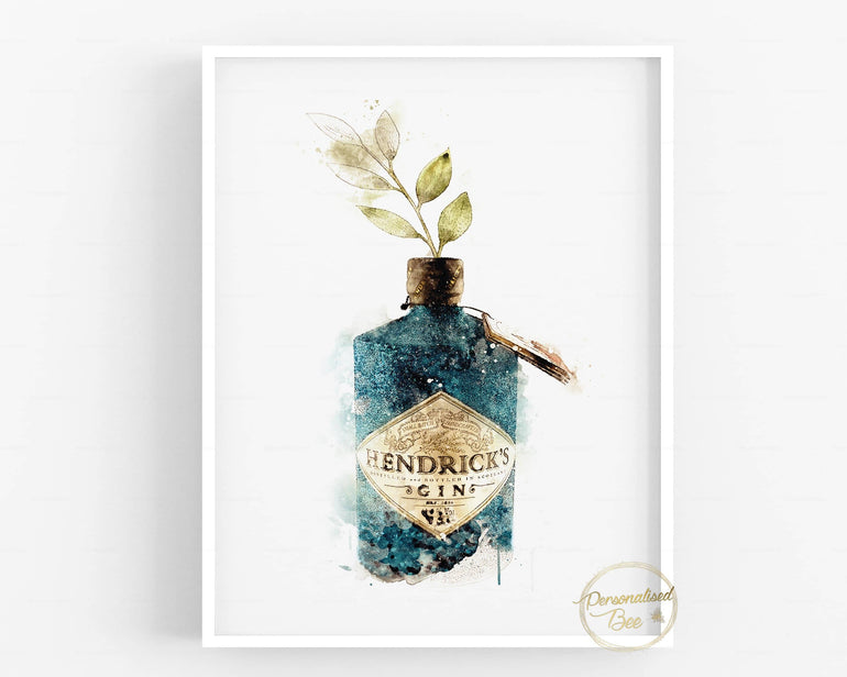 Botanical Blue Glitter Hendricks Gin Wall Art - Watercolour Print.