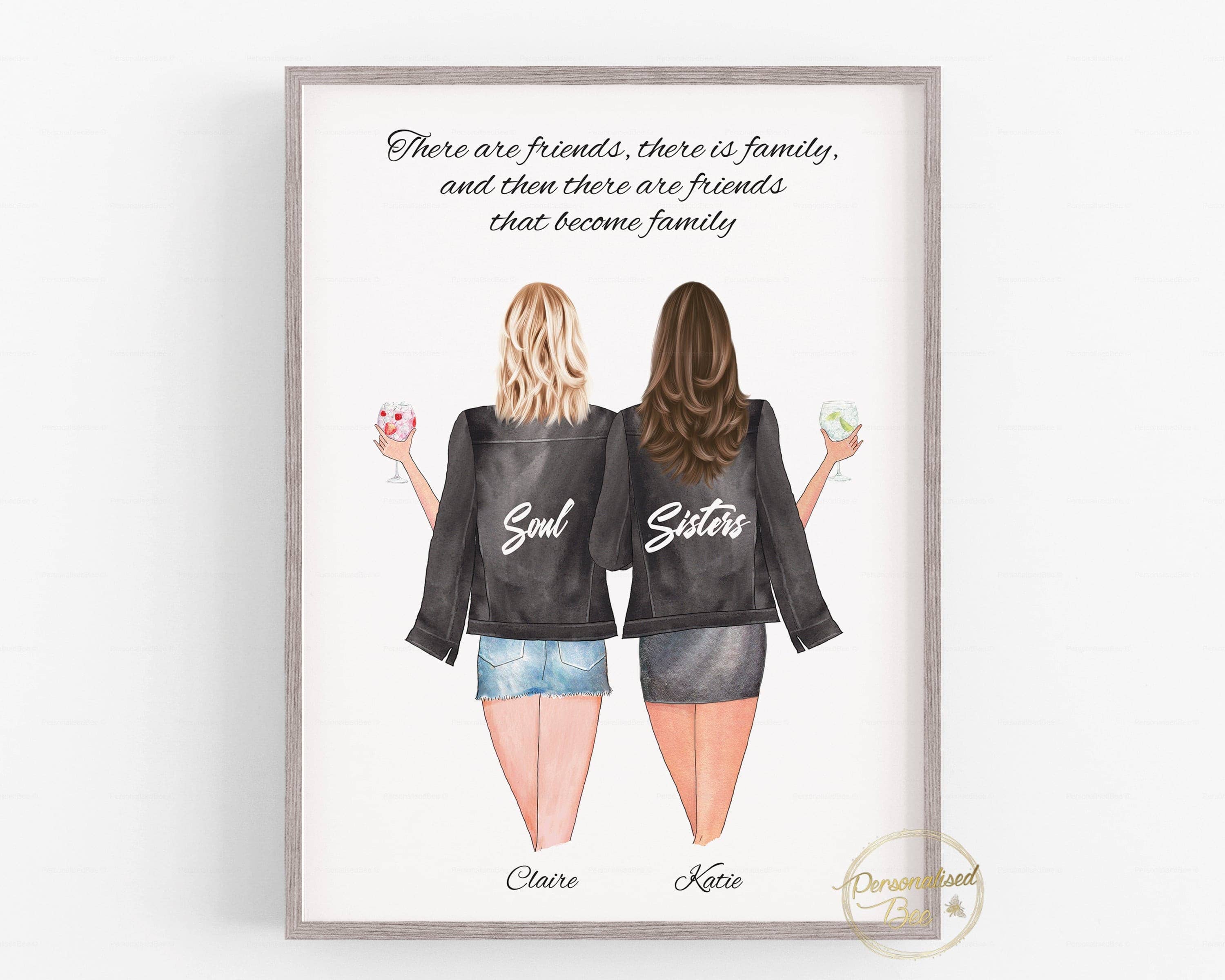 Friendship Print - Personalised 2 Friends Illustration - There are Friends, there is Family quote.