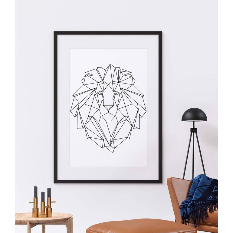 Lion Geometric Wall Art Print - Black & White-Papier Art Designs