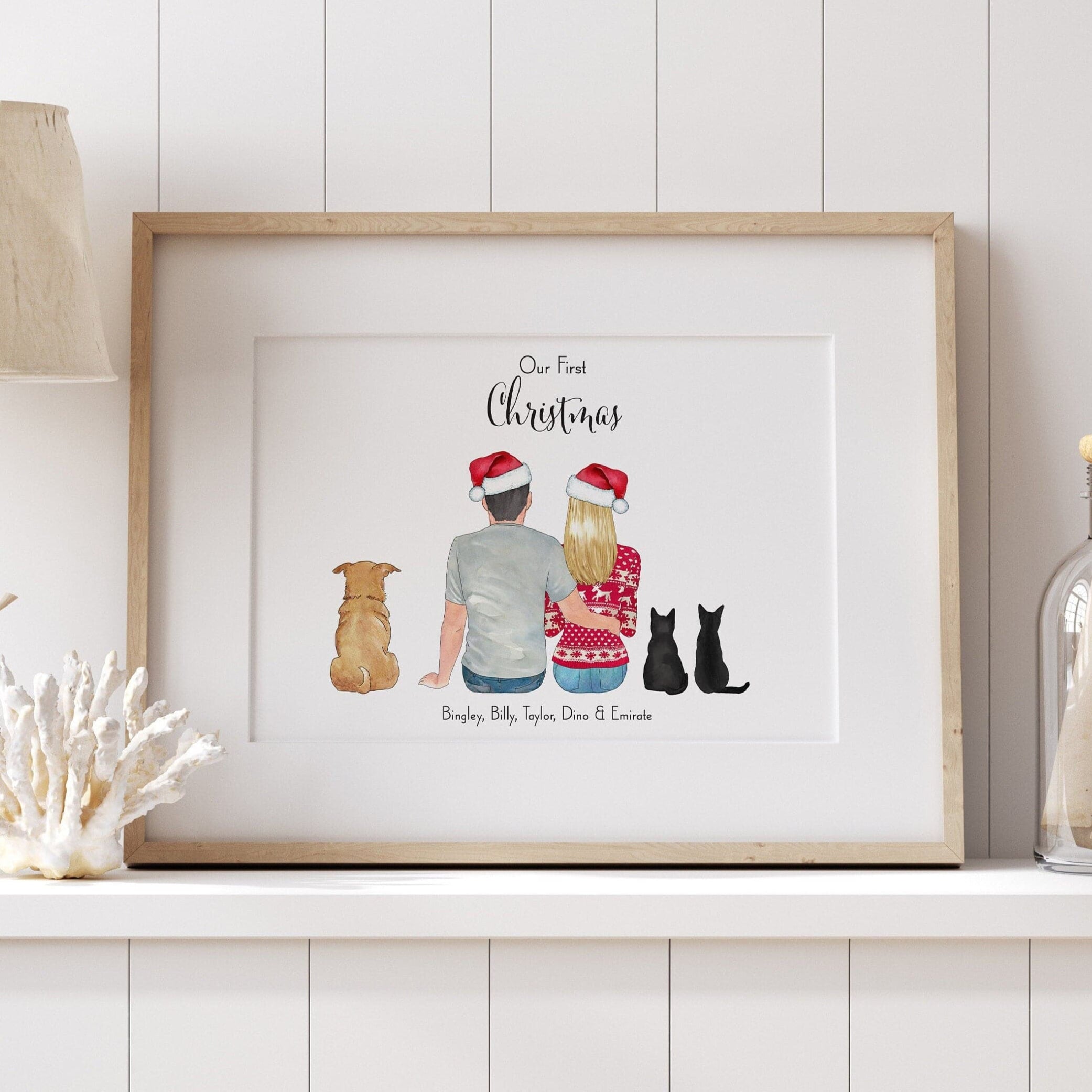Custom Portrait Christmas Couple and Pet, First Christmas, Boyfriend/Girlfriend Gift Print, First Home Print, Home Decor, Customisable