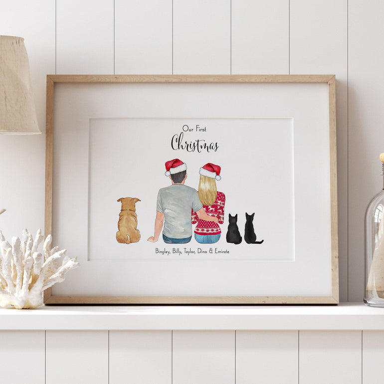 Custom Portrait Christmas Couple and Pet, First Christmas, Boyfriend/Girlfriend Gift Print, First Home Print, Home Decor, Customisable
