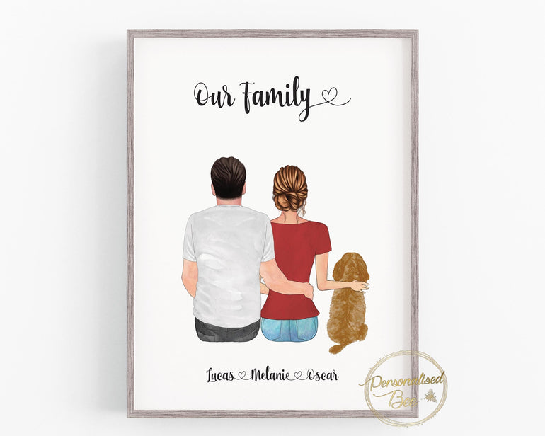 Personalised Family Dog Print, Couple Dog Print, Couple and Pet, Couple illustration, Custom Portrait, Anniversary Gift, Personalised Decor