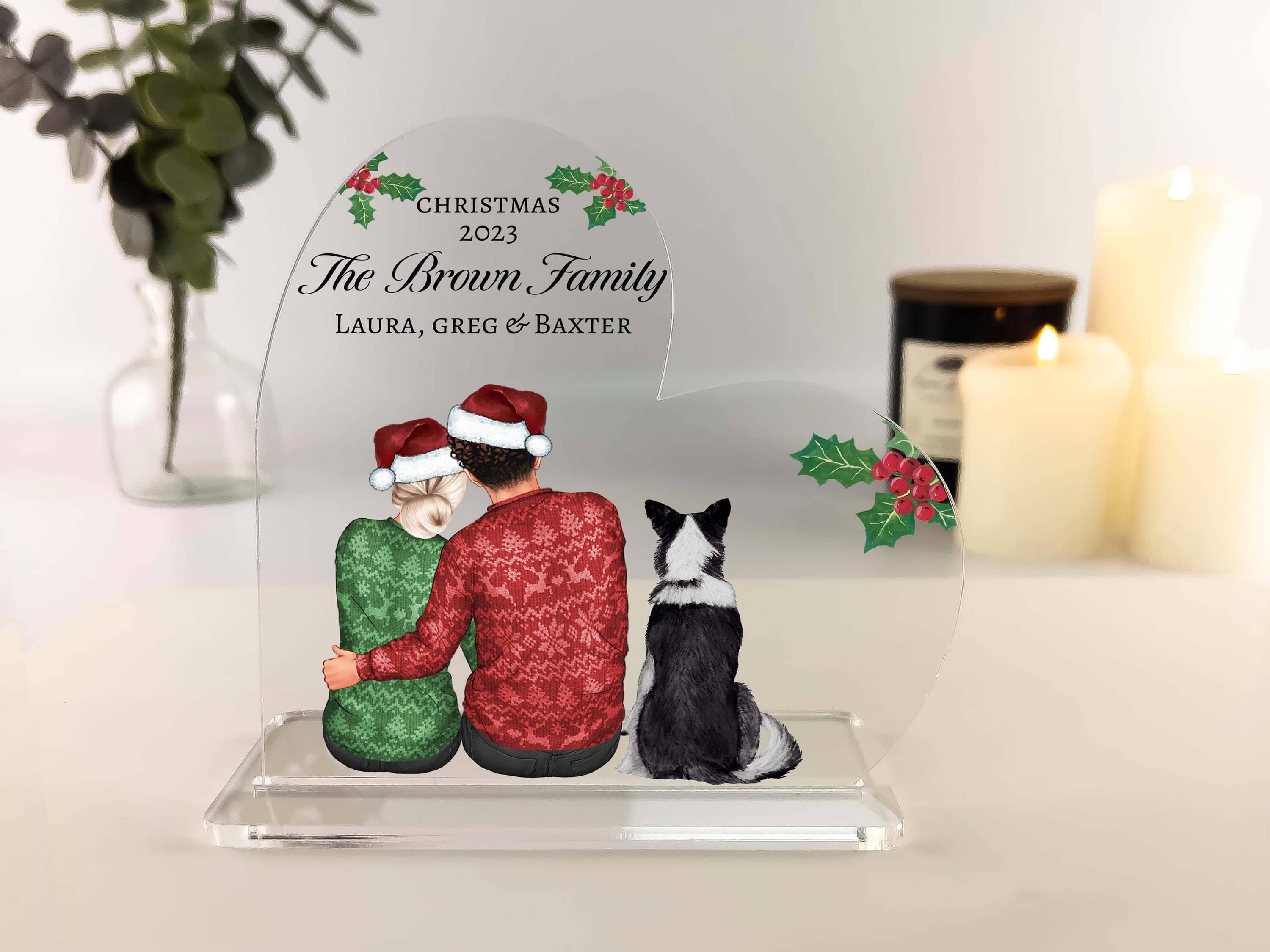 Custom Christmas Couple Portrait, First Christmas, Couple Illustration, Pet Portrait, Family Print, Family Xmas Heart Acrylic Plaque
