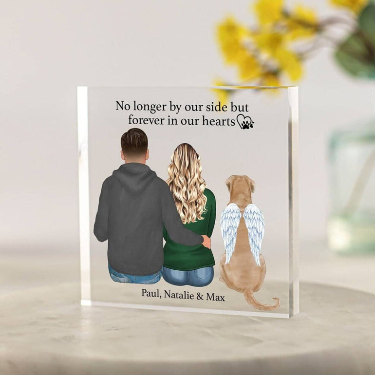 dog memorial, pet portrait prints with owner couple dad mum pet loss custom portrait drawing rainbow bridge acrylic plaque
