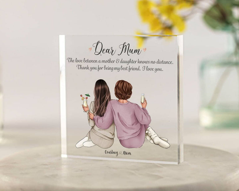 Personalised gift for mum for christmas, birthday, mothers day orjust to say I love you mum. A beautiful keepsake gift of mother and daughter illustration printed on acrylic block