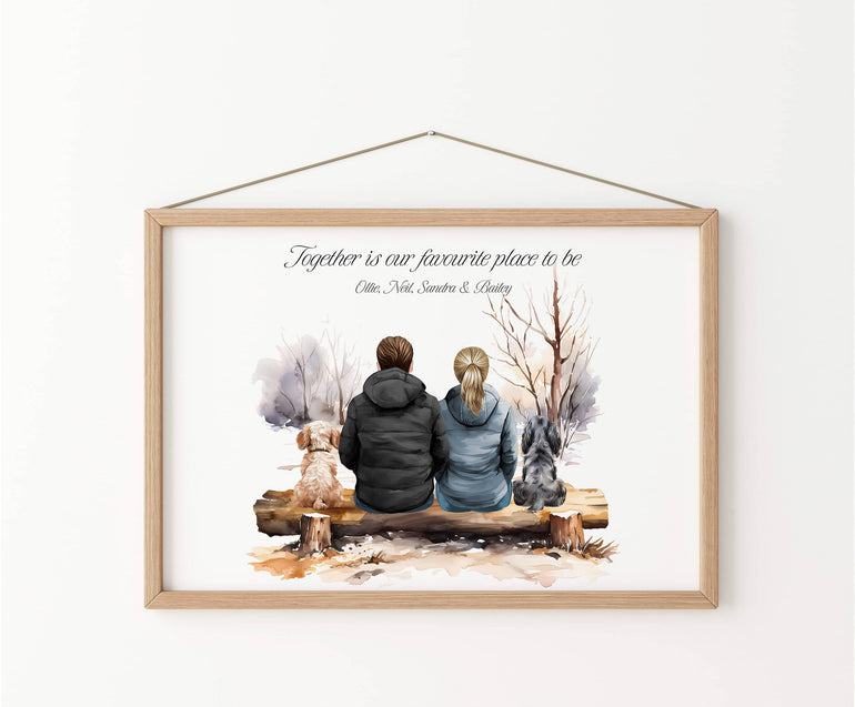 Personalised Couple with Pet Portrait, Family Pet Print, Couples Gift, Watercolour Art, Anniversary Gift, Gift for Husband, Gift for Wife