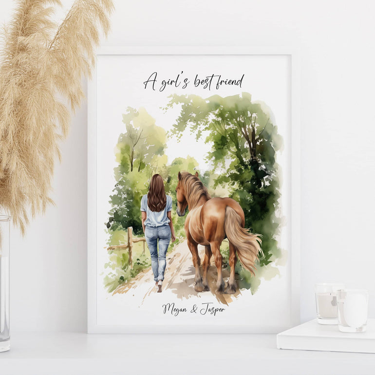 Horse wall Art, Personalised Horse gifts, Girl and Horse Print, Custom Horse Portrait, Horse memorial, Bereavement, pet loss, Daughter, granddaughter, Horses lover