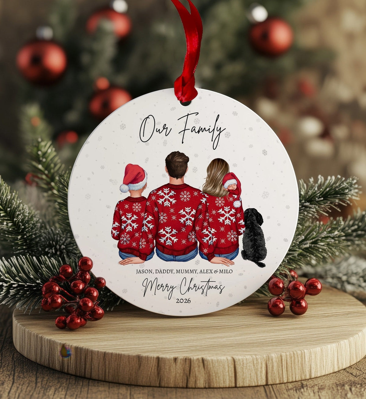 Personalised Our Family Christmas bauble showing a family in matching snowflake jumpers with their dog, names and Merry Christmas wording
