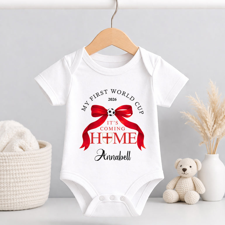 Personalised baby vest with red bow World Cup 2026 England football design
