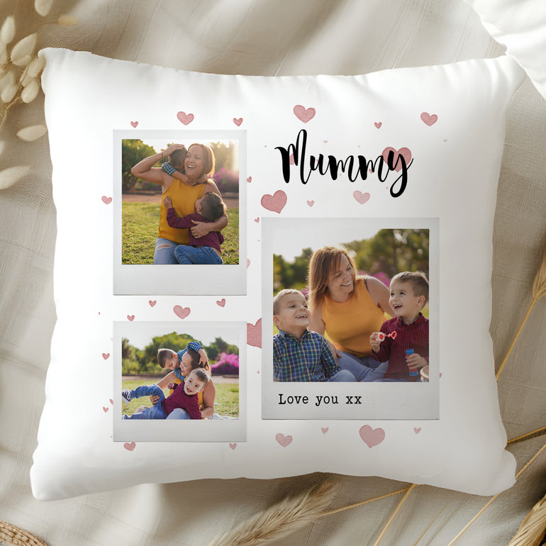 Personalised Mummy photo cushion with three family photographs, pink hearts and Love You message