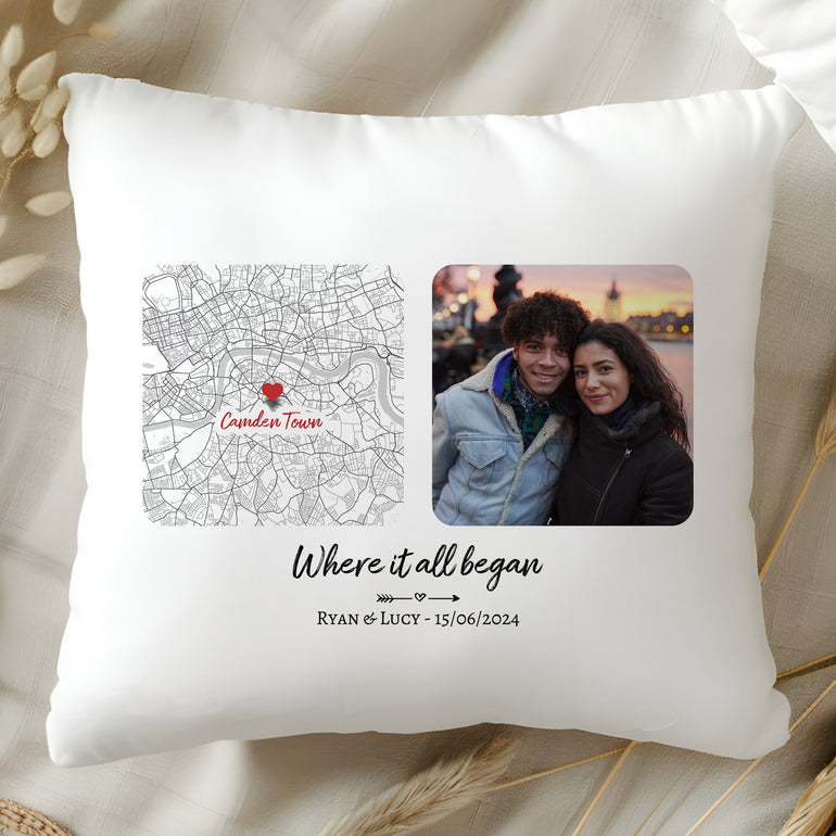 Personalised Where It All Began couple cushion with custom Camden Town location map, photo, names and special date