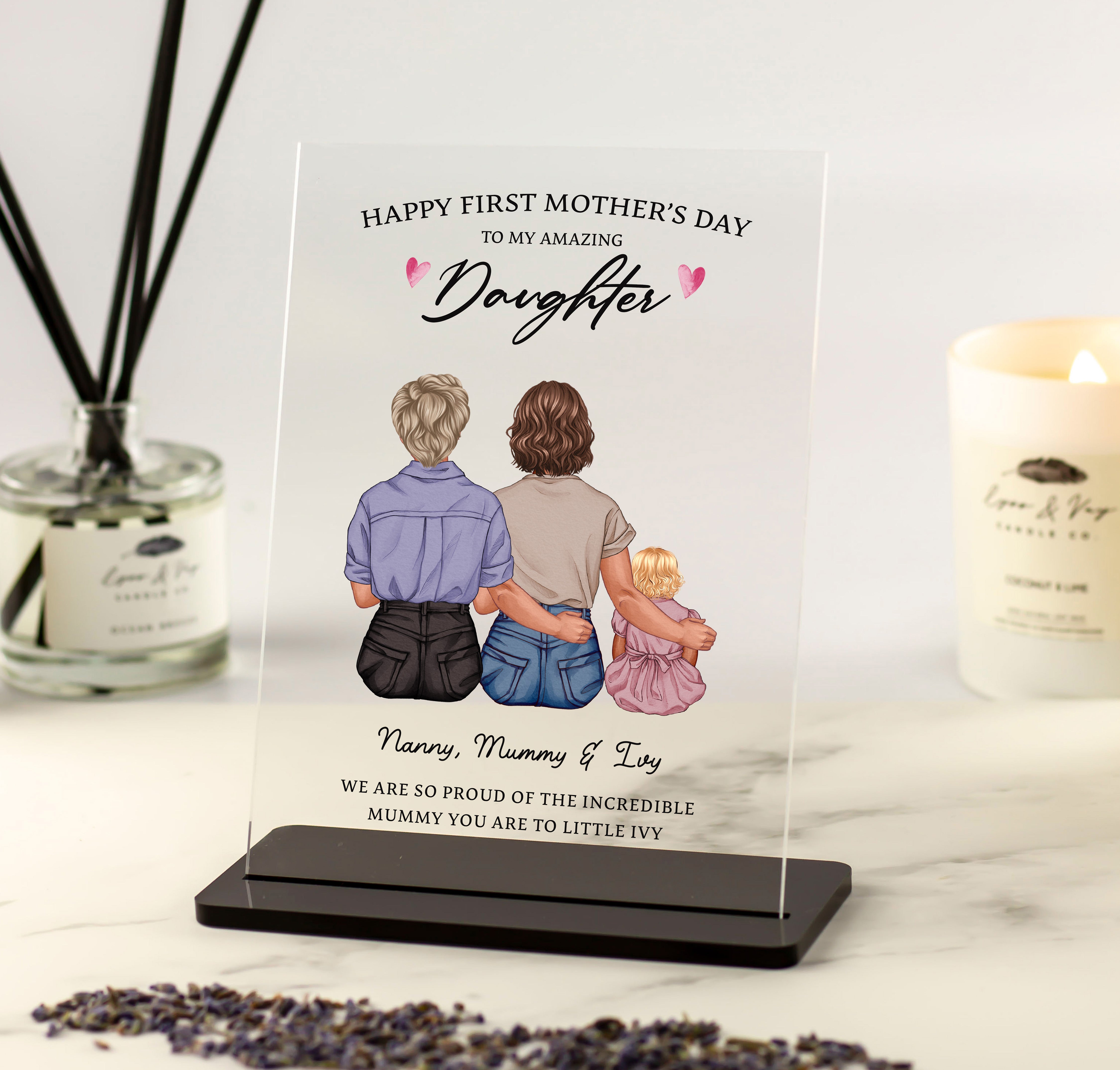 First Mother’s Day acrylic plaque for daughter from mum personalised family illustration gift with up to 6 people