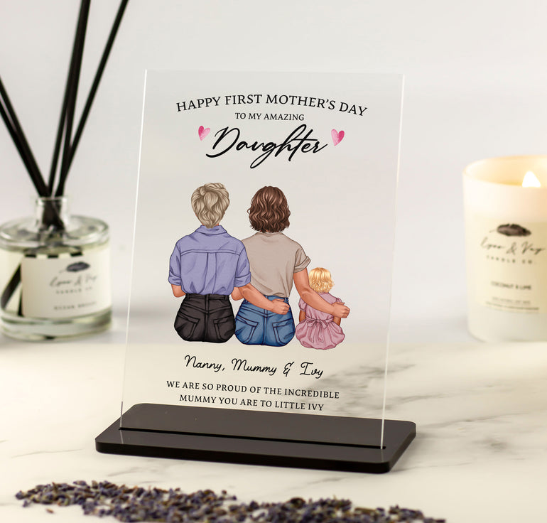 First Mother’s Day acrylic plaque for daughter from mum personalised family illustration gift with up to 6 people