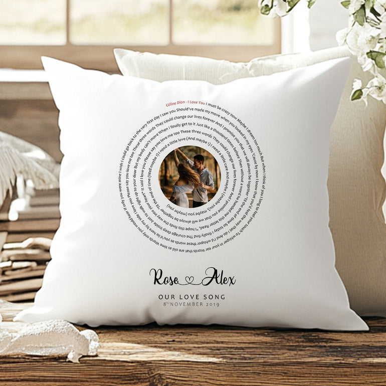 Personalised our love song cushion with couple photo, circular song lyrics, names and special date