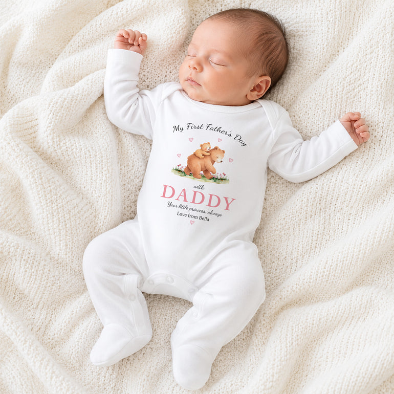 Personalised pink princess bear Father’s Day baby grow with custom name.