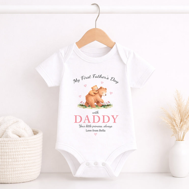 White baby vest with personalised princess bear First Father’s Day design.
